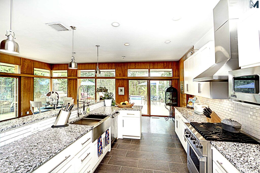 MCM Kitchen with walls of windows, open to the outdoors