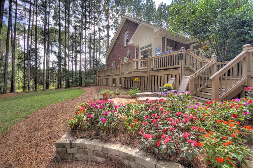 Level backyard with private screened gazebo